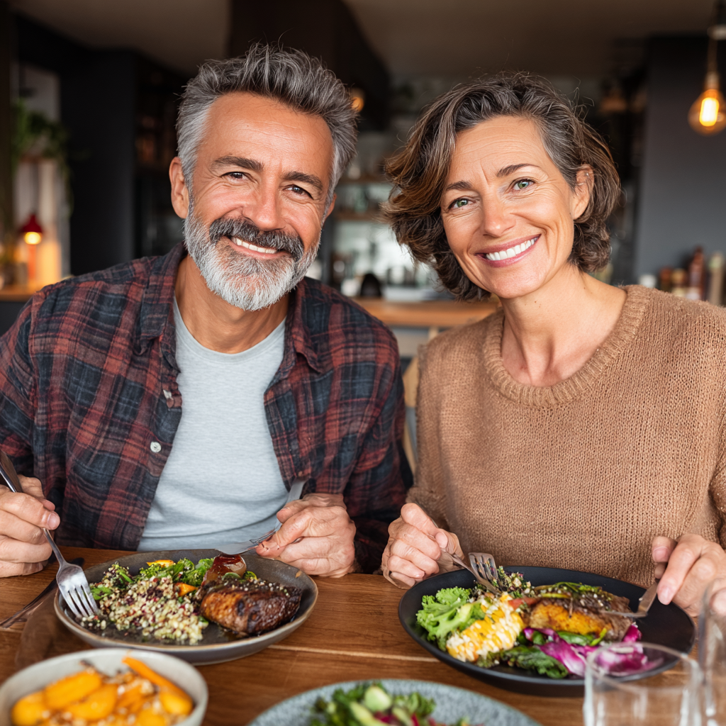Happy middle-aged couple in their 40s sitting at a dining table with a variety of healthy colorful meals, both smiling and holding forks while enjoying their nutritious dinner together
