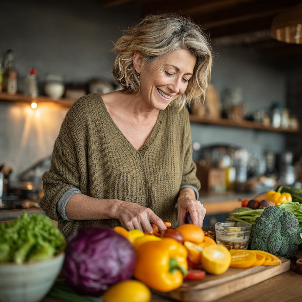 Mature woman in her 50s smiling while preparing a colorful healthy meal in a modern kitchen, showing ingredients like fresh vegetables and fruits on a wooden cutting board